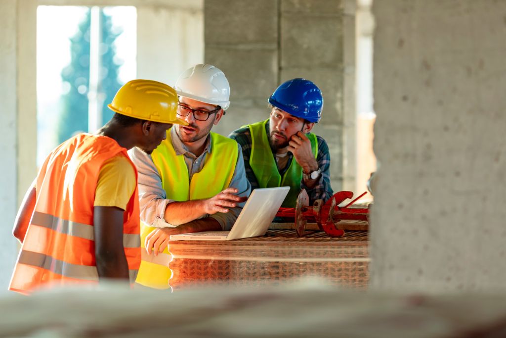Construction team reviewing safety plans on a job site while implementing a compliant drug-free workplace program required for Idaho state construction contracts.