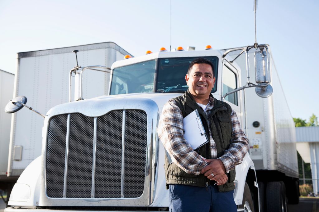 Professional truck driver standing in front of a semi-truck holding a clipboard, ready for workplace safety and impairment training.